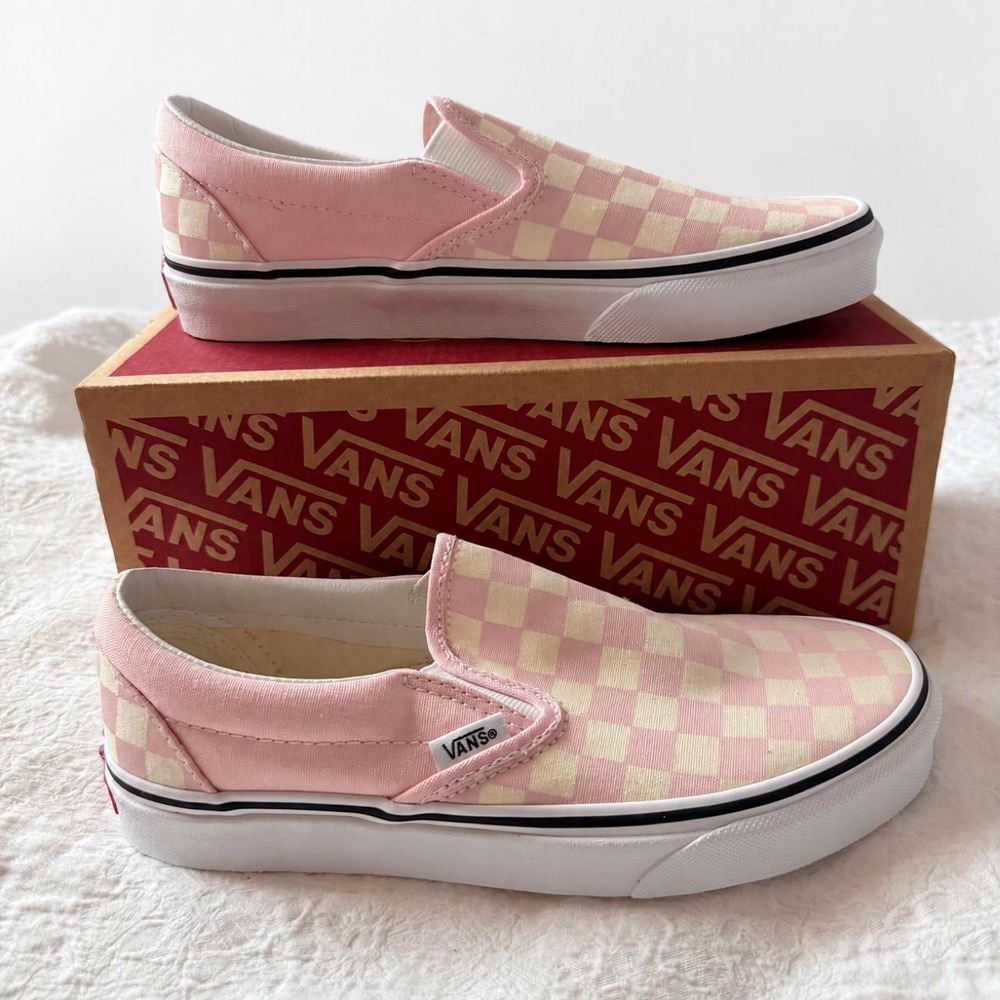 Discontinued Vans pink and cream checkerboard slip-on sneakers